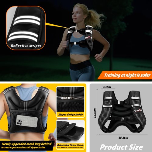 NewTrip Weighted Vest Women & Men - 5lbs/8lbs/10lbs/12lbs/15lbs/20lbs/25lbs/30lbs Adjustable Weight Vest with Detachable Phone Pouch -Ideal for Rucking,Walking,Weight Loss,Training&Running,Black,12 LB