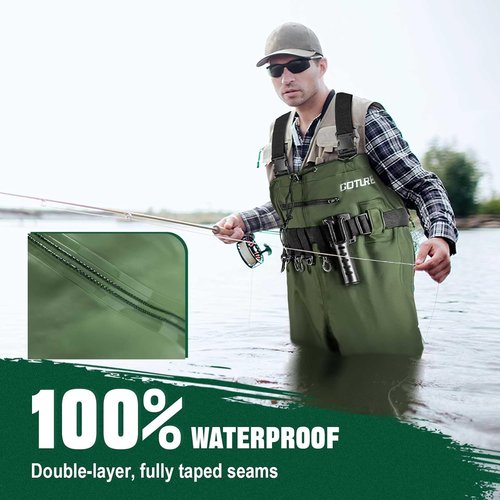Goture Waterproof Fishing Waders - Durable 2-Ply Nylon/PVC Chest Waders with Boots & Hidden Pocket