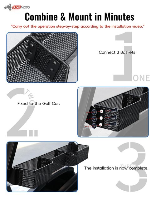 LUXEMOTO Golf Cart Inner Front Storage Basket for E-Z-GO RXV 2008+, No Drilling Combined Steel Independent Front Inner Dash Tray Storage Organizer for EZGO RXV 2008-2025 Accessories, Black