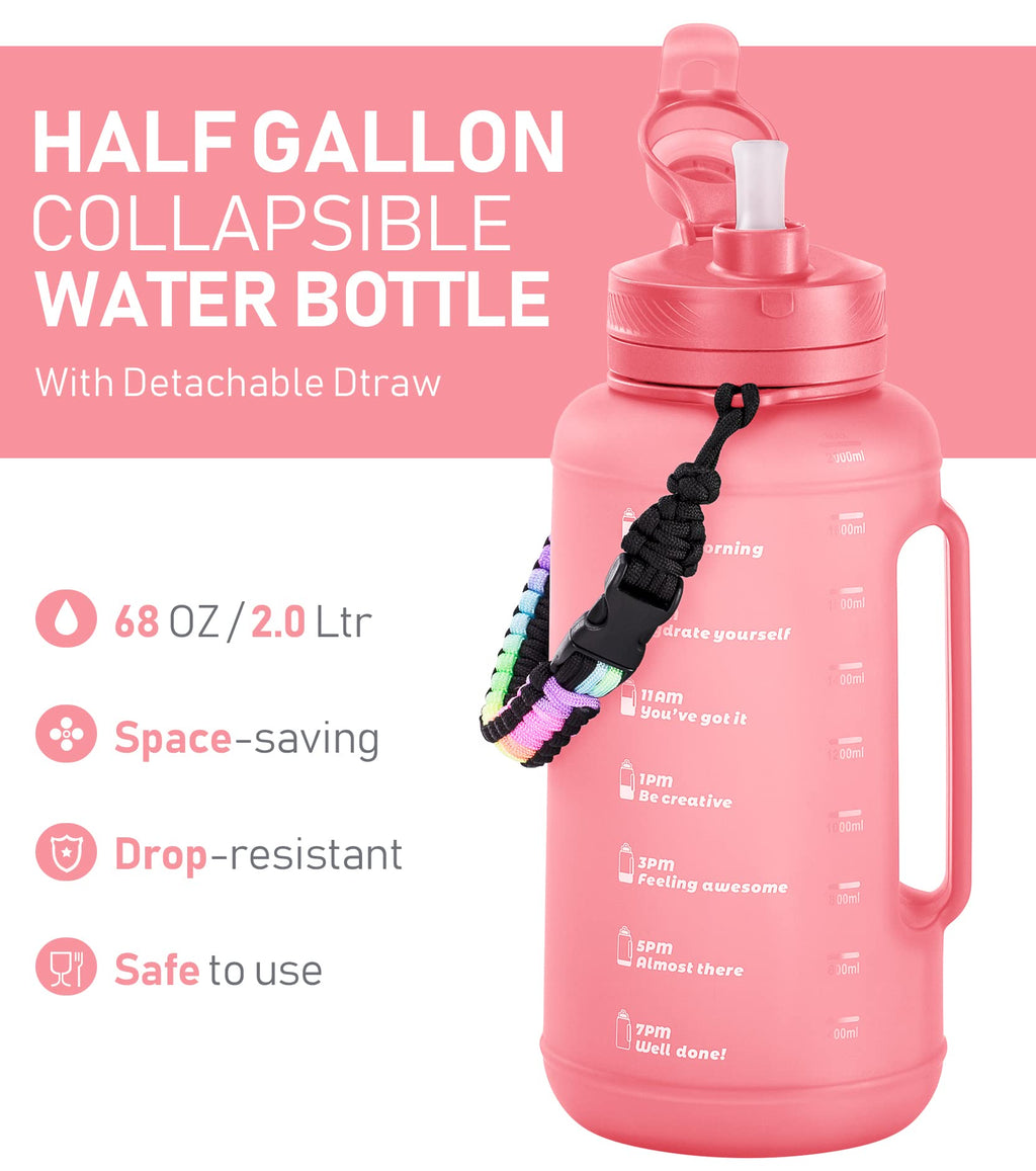 TakeToday 68 oz Collapsible Water Bottles with Straw, Half Gallon Water Bottle with Motivational Time Marker, Large Reusable Silicone Water Jug with Paracord Handle for Sports, Outdoors (Black)