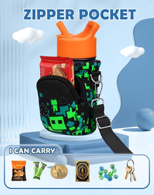 Miss Adola Water Bottle Carrier with Strap - Cute Cartoon Insulated Kids Water Bottle Holder for Boys Girls Green World Neoprene Bottle Bag for 10/12/14/16/18Oz Stainless Glass Bottles Sleeve