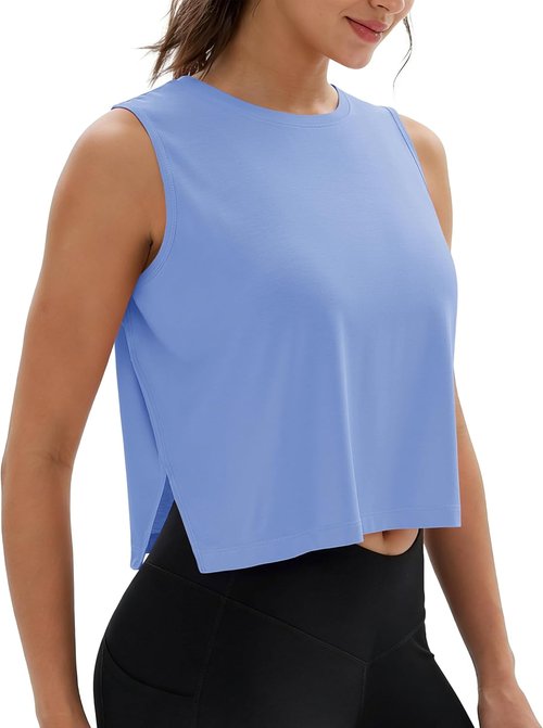 MAGCOMSEN Women's Crop Tank Top - Sleeveless Workout Shirt with Side Slits for Gym & Yoga