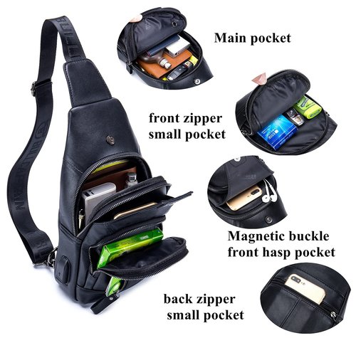 BULLCAPTAIN Men Crossbody Bag with USB Charging Port Genuine Leather Shoulder Sling Chest Bag Travel Hiking Backpack (Black)