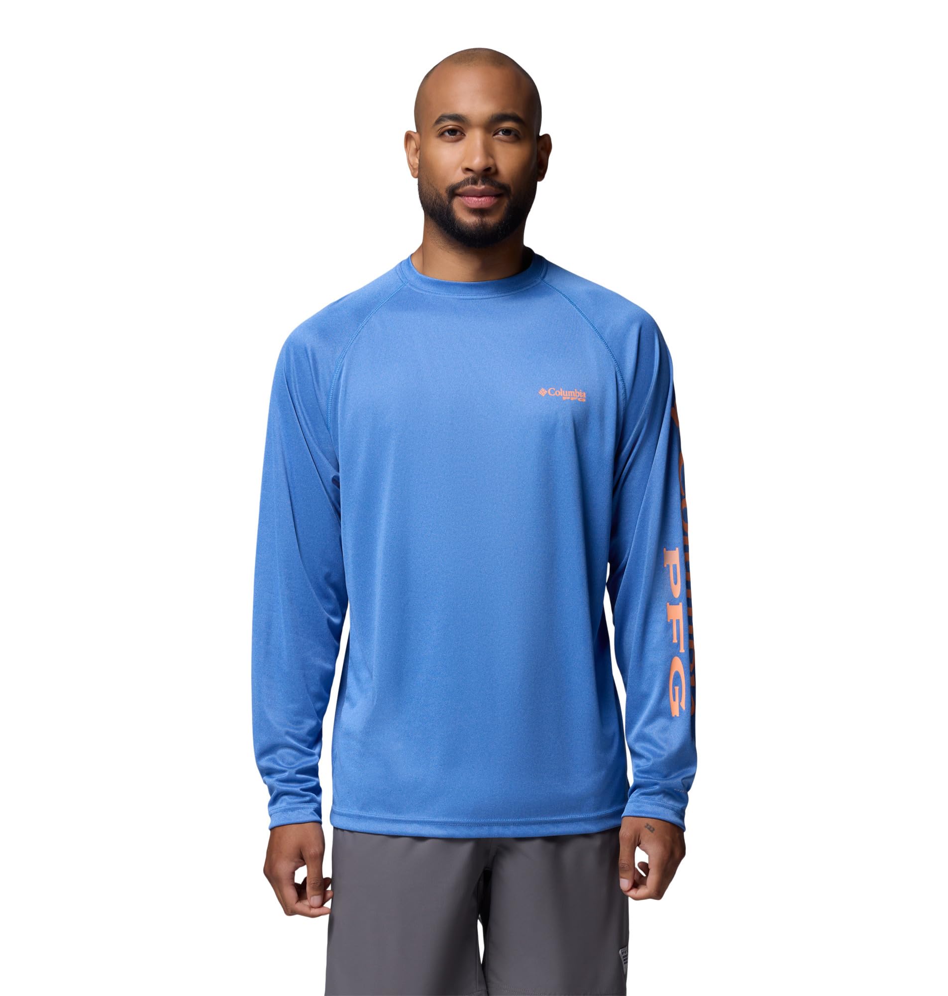 Columbia Men's PFG Terminal Tackle Long Sleeve Fishing Shirt, Vivid Blue Heather/Bright Nectar Logo, 1X