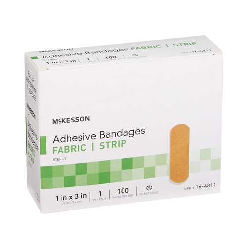 McKesson Adhesive Bandages, Sterile, Fabric Strip, 1 in x 3 in, 100 Count, 4 Packs, 400 Total