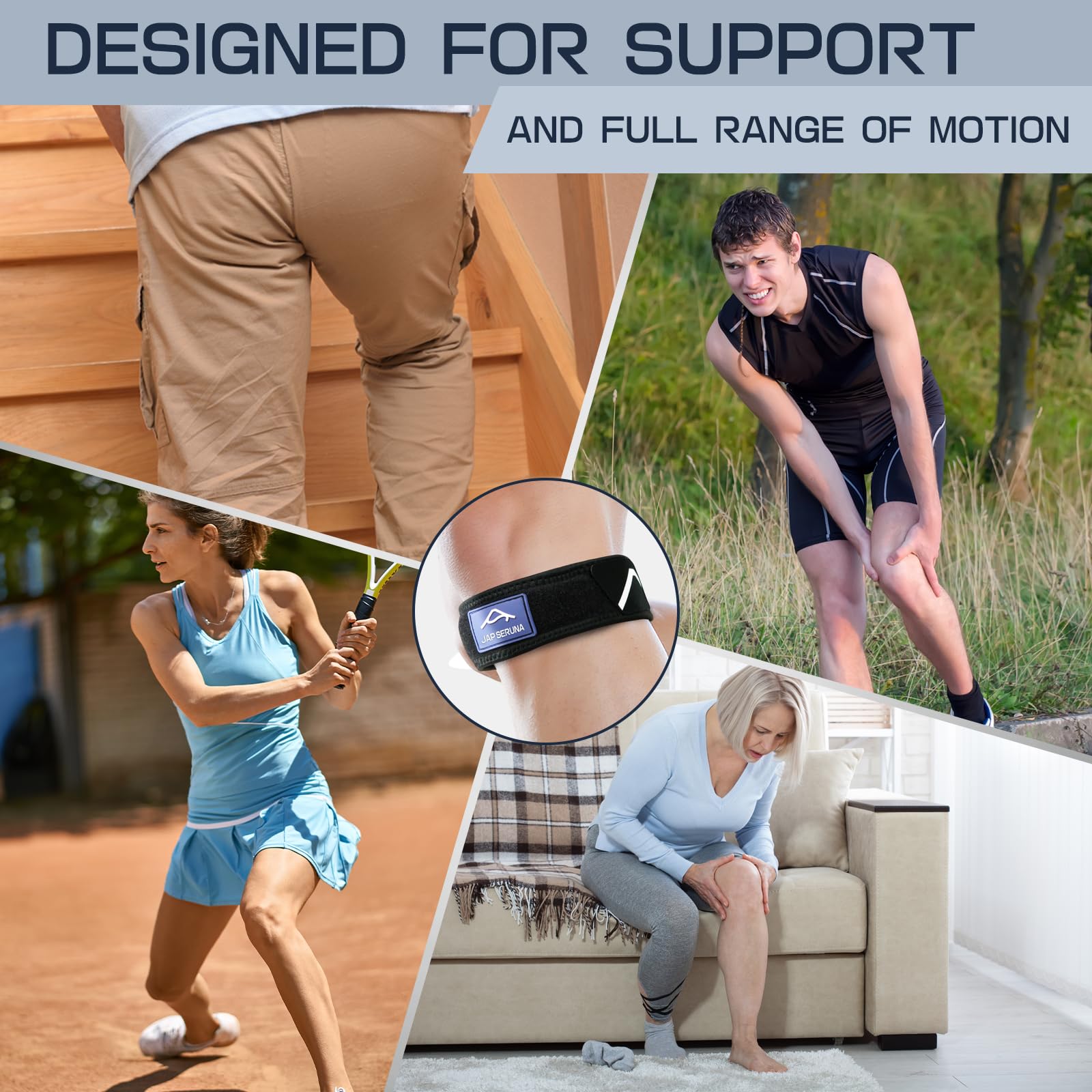 JAPSERUNA Patellar Band Tendon Support Strap - 2 Pack Adjustable Non-Slip Knee Brace for Helps Relieve Pain & Swelling for Hiking, Running, Jumpers Knee, Tendonitis, Basketball, Squats