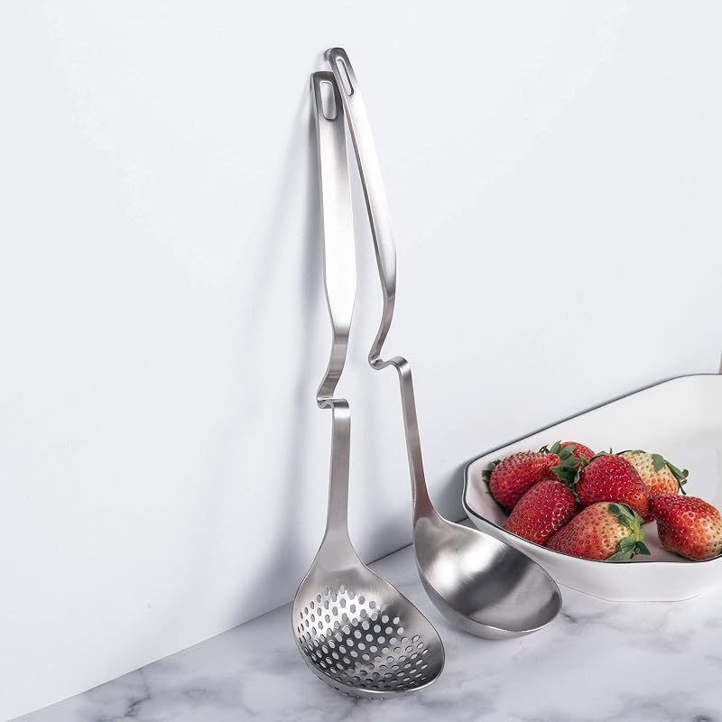 12-Inch SUS304 Stainless Steel Slotted Ladle Set for Hot Pot & Soup