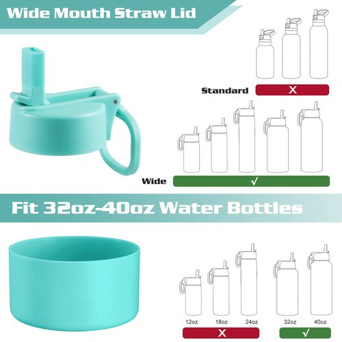 Vmini Wide Mouth Straw Lid and Protective Boot Combo Pack, Compatible with Most Sports Water Bottles from 32-40 oz, Plus 2 Straws and 2 Brushes. (Mint)