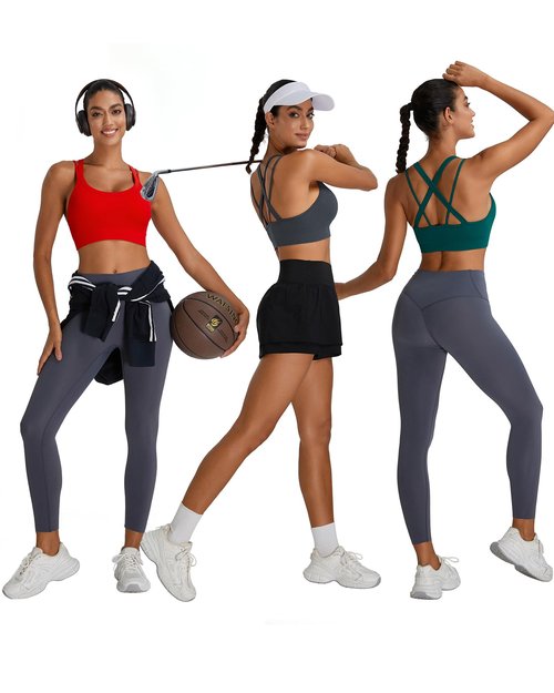 Nikuja Sports Bras for Women,Strappy Running Sports Bras for Women High Support with Removable Pads 3 Pack(0001_Red+Grey+Quetzal Green_L)