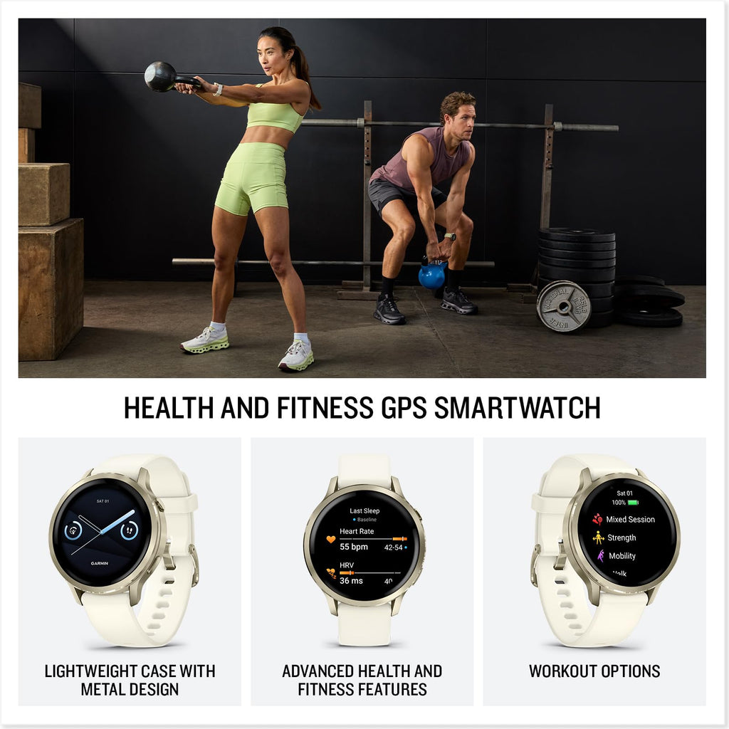 Garmin Venu 4, 41mm, Advanced Fitness and Multisport Tracker GPS Smartwatch, 1.2" AMOLED Display, Built-in Flashlight, 10 Days of Battery Life, Lunar Gold with Bone Silicone Band (Watch Bundle)