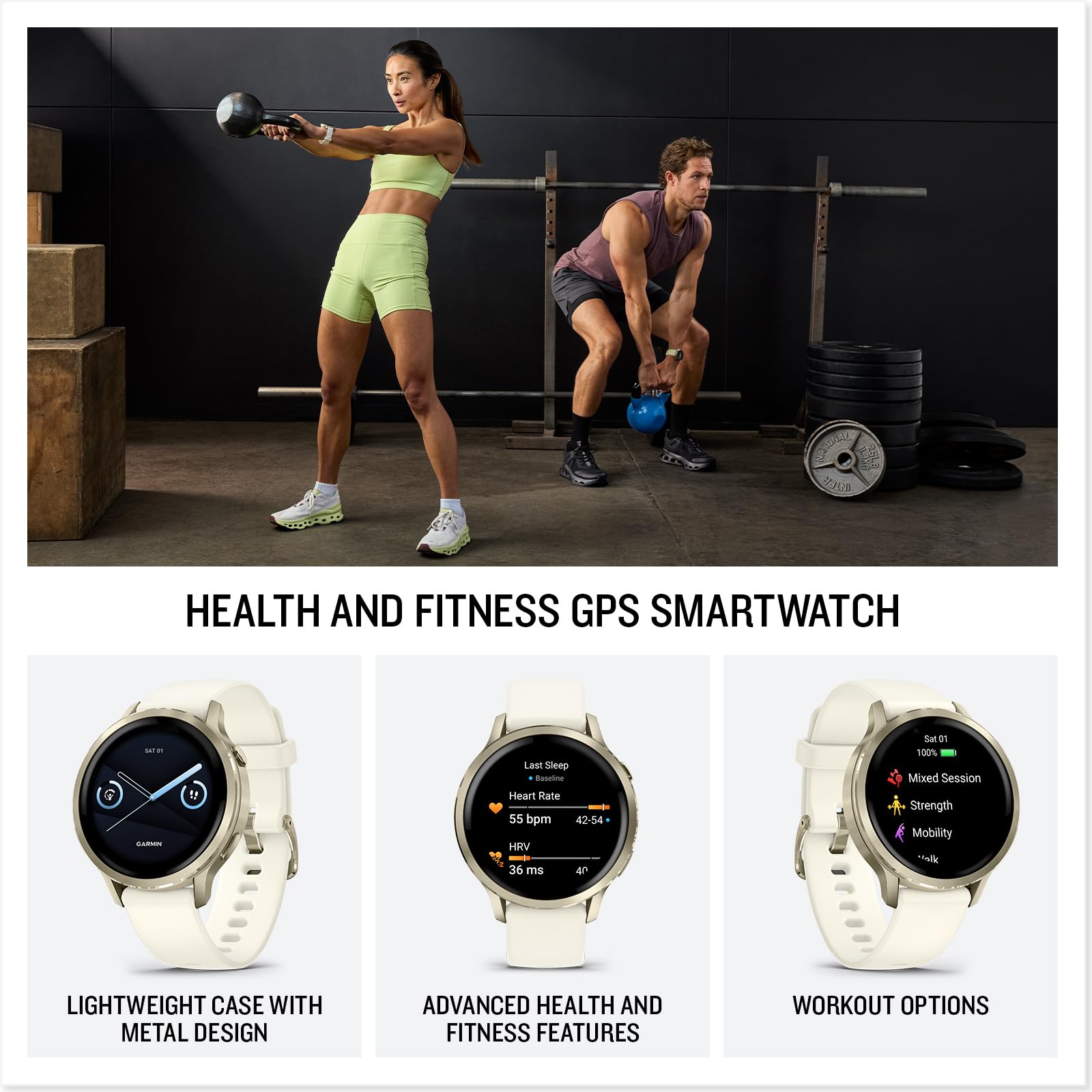 Garmin Venu 4, 41mm, Advanced Fitness and Multisport Tracker GPS Smartwatch, 1.2" AMOLED Display, Built-in Flashlight, 10 Days of Battery Life, Lunar Gold with Bone Silicone Band (Watch Bundle)