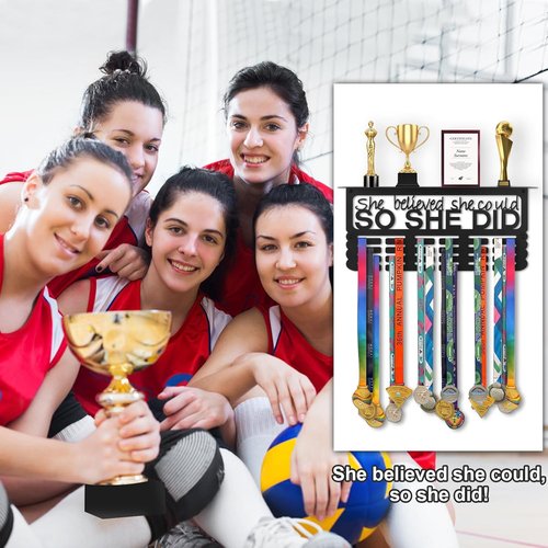 Medal Hanger Display with Trophy Shelf, Upgraded Sports Medal Holder Trophy Display Shelf Ribbon Holder Simple Wall Hanger (SHE BELIEVED SHE COULD SO SHE DID)