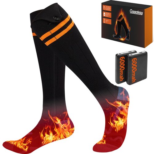 Qsocksy Electric Heated Socks for Men & Women - 6000mAh Rechargeable, Up to70 °C Large Heating Area, 8H Heat, Washable for Skiing, Hunting, Camping