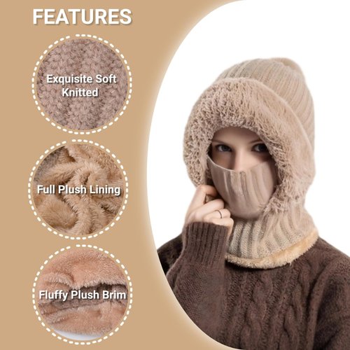 Women’s Knitted Beanie Hat with Face Cover - 3 in 1 Winter Balaclava with Mask Scarf Ear Muffs Pompom Fleece Lined Snow Caps