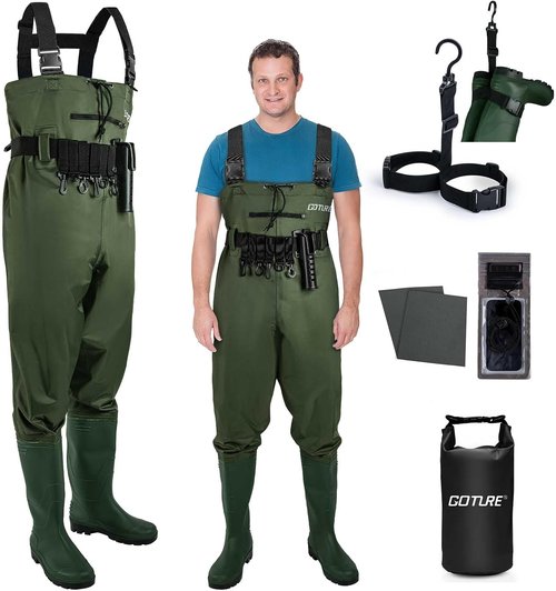 Goture Waterproof Fishing Waders - Durable 2-Ply Nylon/PVC Chest Waders with Boots & Hidden Pocket