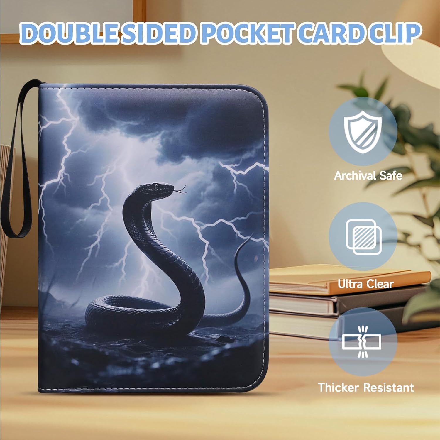 Skiennix Trading Card Binder - Premium 4-Pocket Album with 400 Removable Sleeves | Waterproof Black Serpent Design