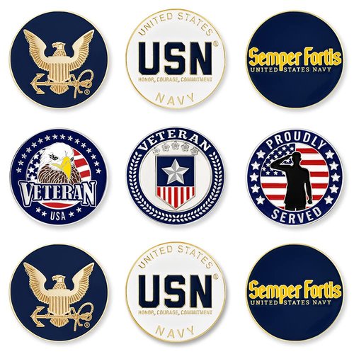 PinMart’s Officially Licensed United States Veteran Navy Bundle Pack of 9 Golf Ball Markers - Golf Accessories for Men and Women – Magnetic Veteran Ball Markers Set of 9