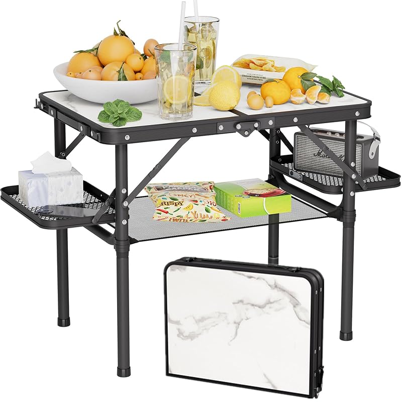 Titanker Small Folding Camping Table 2ft with Side Racks and Net (White Marble & Storage Net) – Portable Beach/Car Picnic Table
