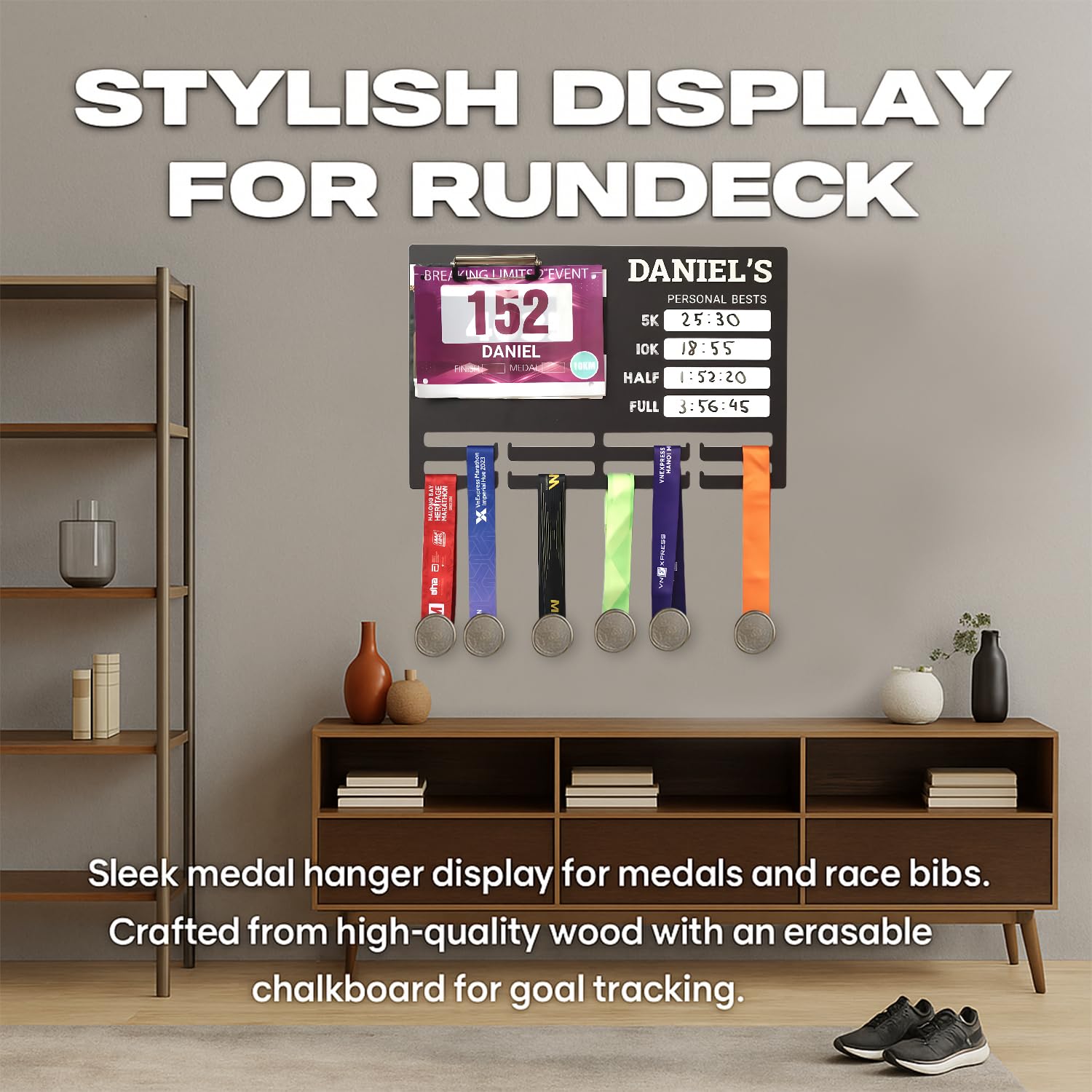 Personalized Running Medal Hanger Display | Wooden Bib And Medal Display For Runners | 5K 10K Marathon Personal Bests Chalkboard Design, Gifts for Runners, Holds up to 60 Medals And 40 Bibs