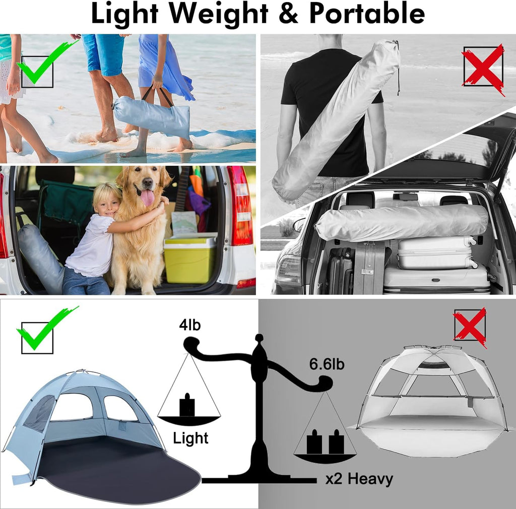 WhiteFang Beach Tent - Anti-UV Portable Sun Shade Shelter for Up to 8 People | Extendable Floor & 3 Mesh Windows