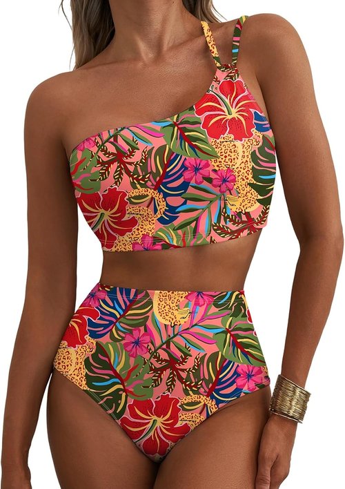 Herseas Women's High Waisted Bikini Set - One Shoulder Floral Print | Tummy Control 2-Piece Swimsuit
