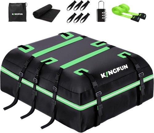 Kingfun Rooftop Cargo Carrier - Waterproof 21 Cubic Feet Roof Bag for All Vehicles | Includes Anti-Slip Mat & Straps