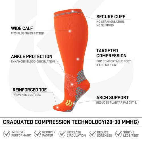 Kickticks Plus Size Compression Socks-Wide Calf Knee High Socks for Men & Women, 20-30mmHg, Available in 2XL to 4XL, 4 Pairs