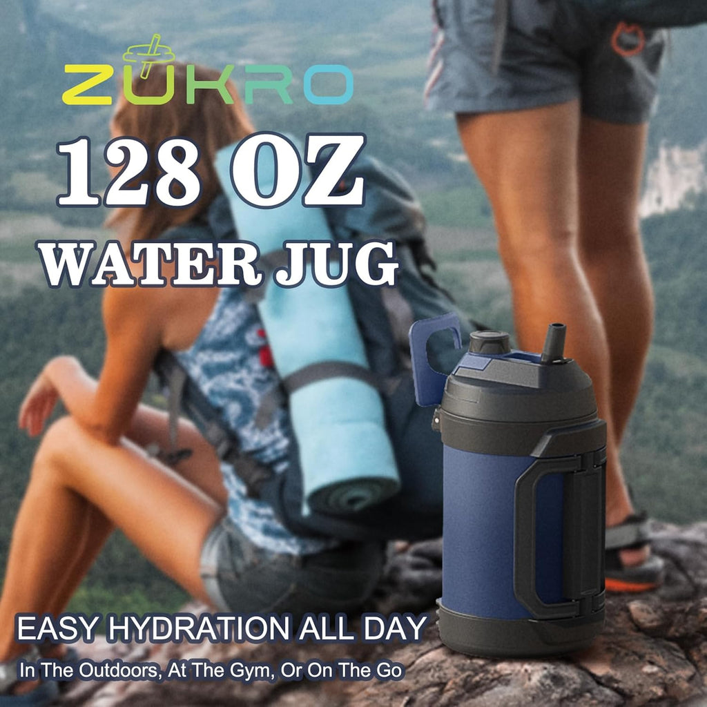 Zukro 1 Gallon Insulated Water Jug - Triple Wall Stainless Steel Bottle Keeps Drinks Cold 48 Hours | Black