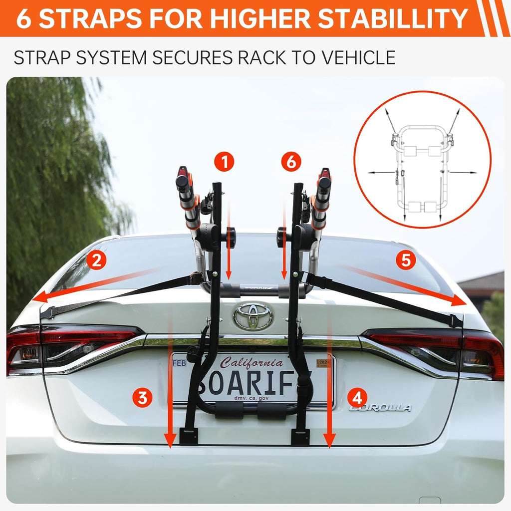 Sports Deluxe 2-Bike Trunk Mount Rack, Model SY-Trunk-BR, Black + Orange up to 70lbs Load (Trunk Bike Rack)