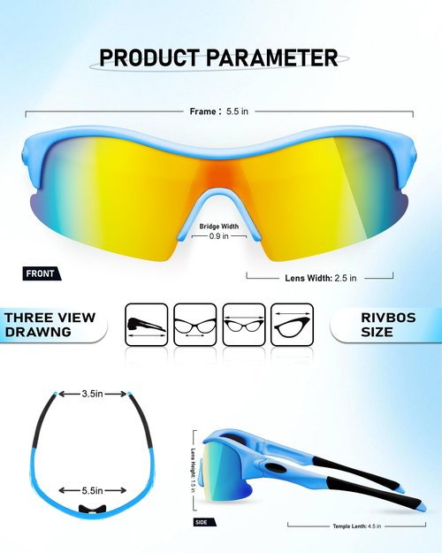 Hurdilen Polarized Kids Cycling Sunglasses, Youth Baseball Sunglasses for Boys Girls Age 8-14, 4 UV Interchangeable Lenses, Lightweight Sun Glasses for Baseball, Softball, Sports (Blue)