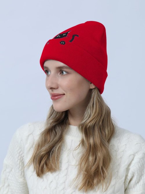 Women’s Cat Beanie Cute Cat Lover Valentines Gifts Animal Knitted Hats for Women Girls (Red)