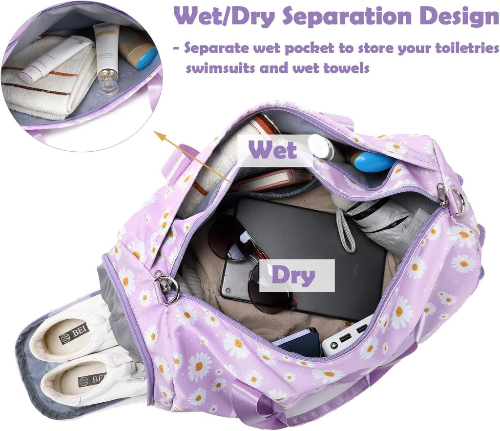 Skiennix Duffle Bag - Purple Daisy Dance Gym Bag with Wet & Shoe Compartments | Perfect for Travel & Sleepovers