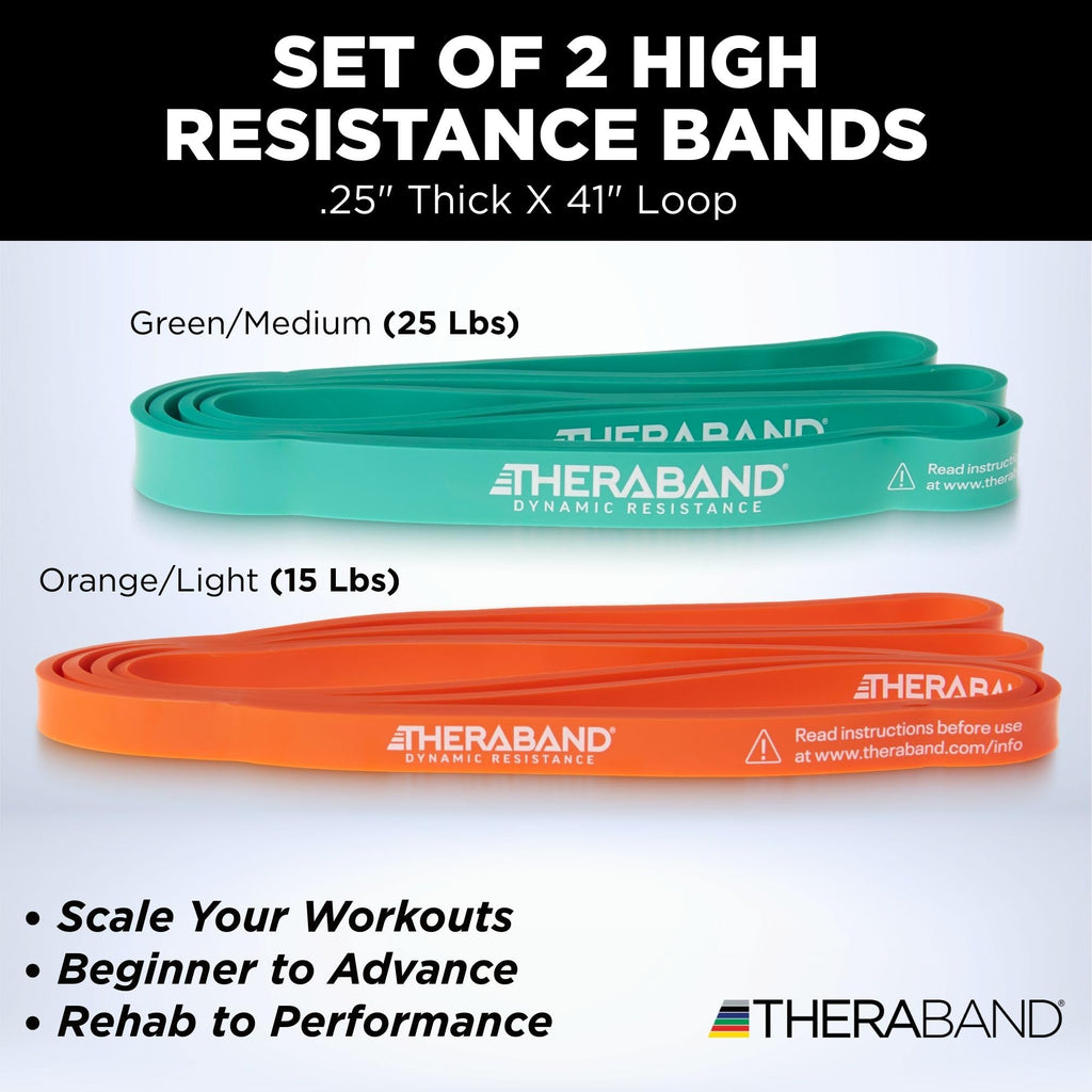 THERABAND High Resistance Bands, Set of 2 Elastic Super Bands for Improving Flexibility, Injury Rehab, & Full Body Workouts, Heavy Duty Stretch Bands for Lifting, 1 Light & 1 Medium Band, Multi