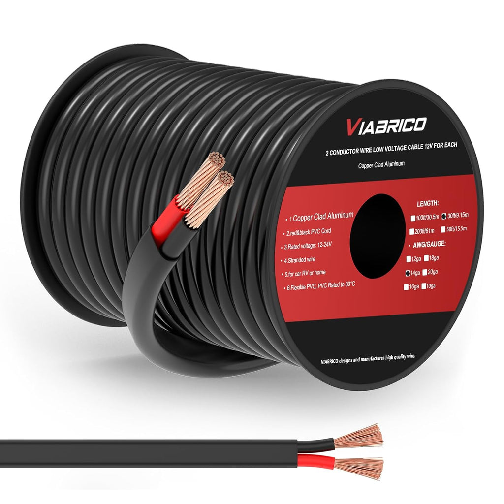 VIABRICO 14 AWG 2 Conductor Electrical Wire - Flexible PVC Cord for Automotive LED Strips | 30FT Length