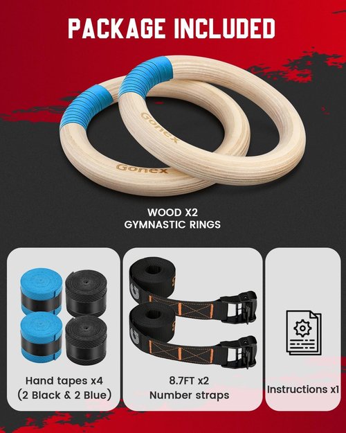 Gonex Gymnastic Rings - Adjustable Olympic Rings with 8.5 ft Non-Slip Straps for Home Workouts