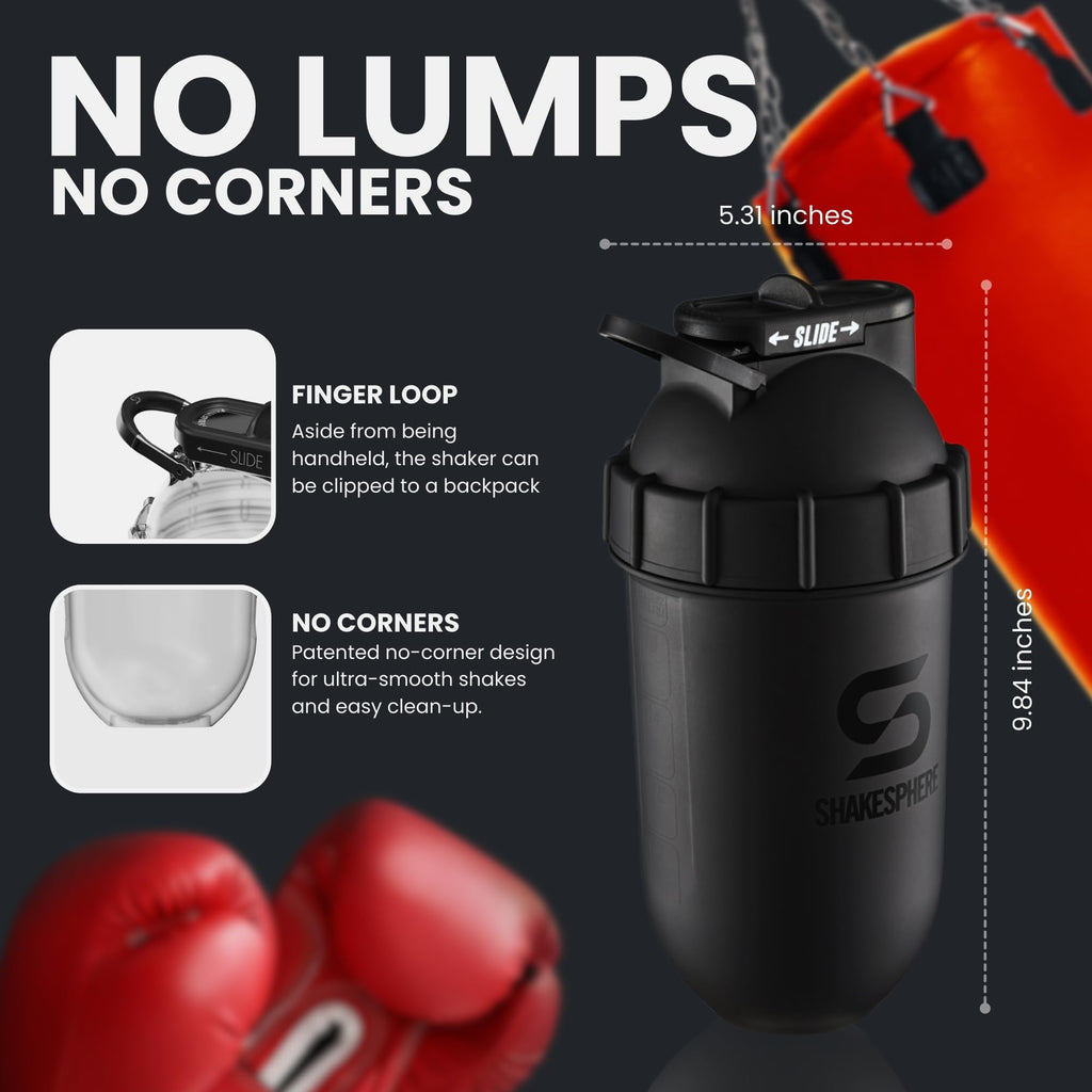 SHAKESPHERE Shaker Bottle - 24oz Leak Proof Protein Shaker Bottle for Pre Workout, Smoothie, and Powder Drink Mixes, No-Blade Mixer for Gym, BPA-Free, Easy Clean & Easy to Carry (Matte Black)