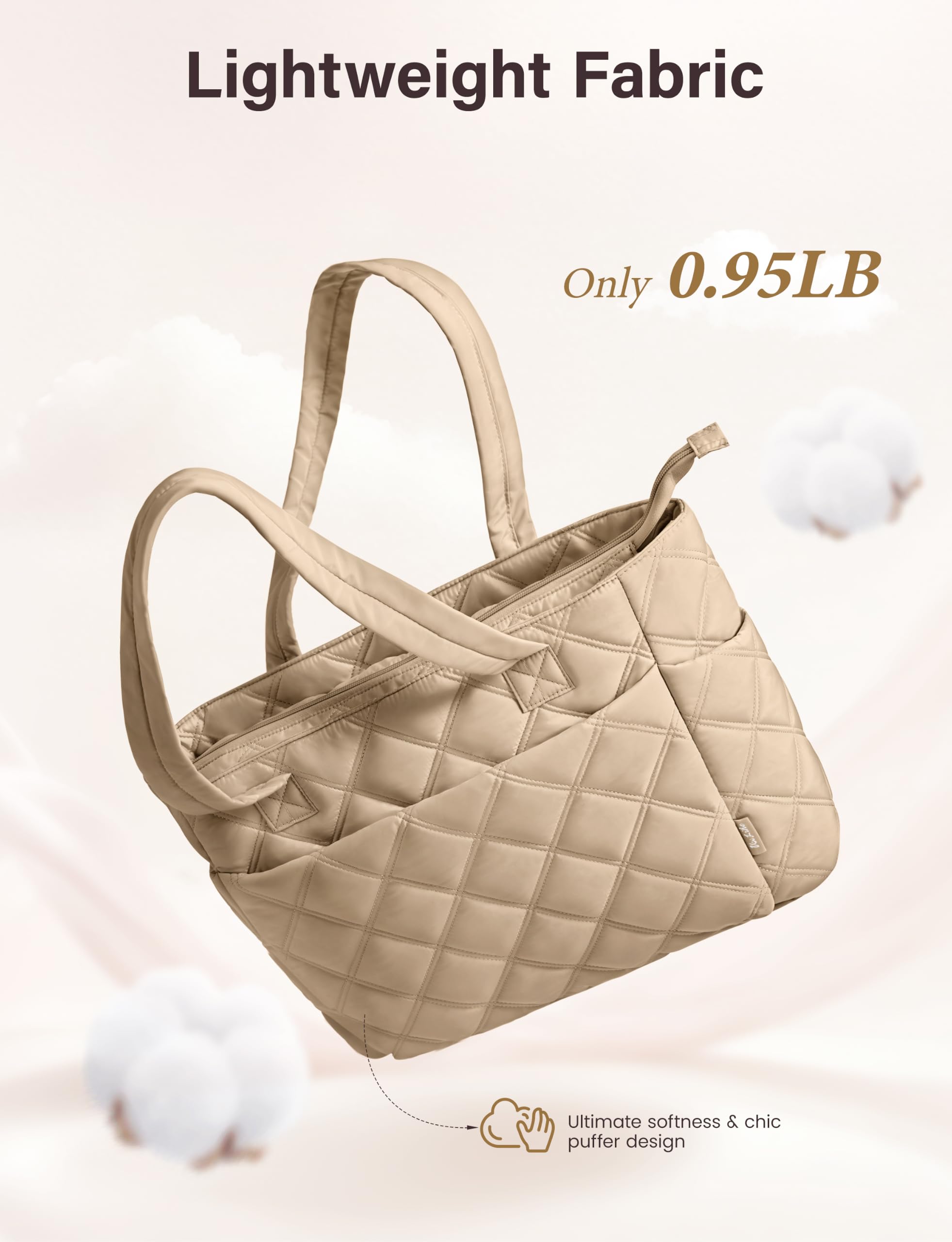 Uselike Tote Bag for Women, Lightweight Puffer Tote Work Bags with Compartments for Travel, Quilted Shoulder Bag with Zipper (Light Khaki)