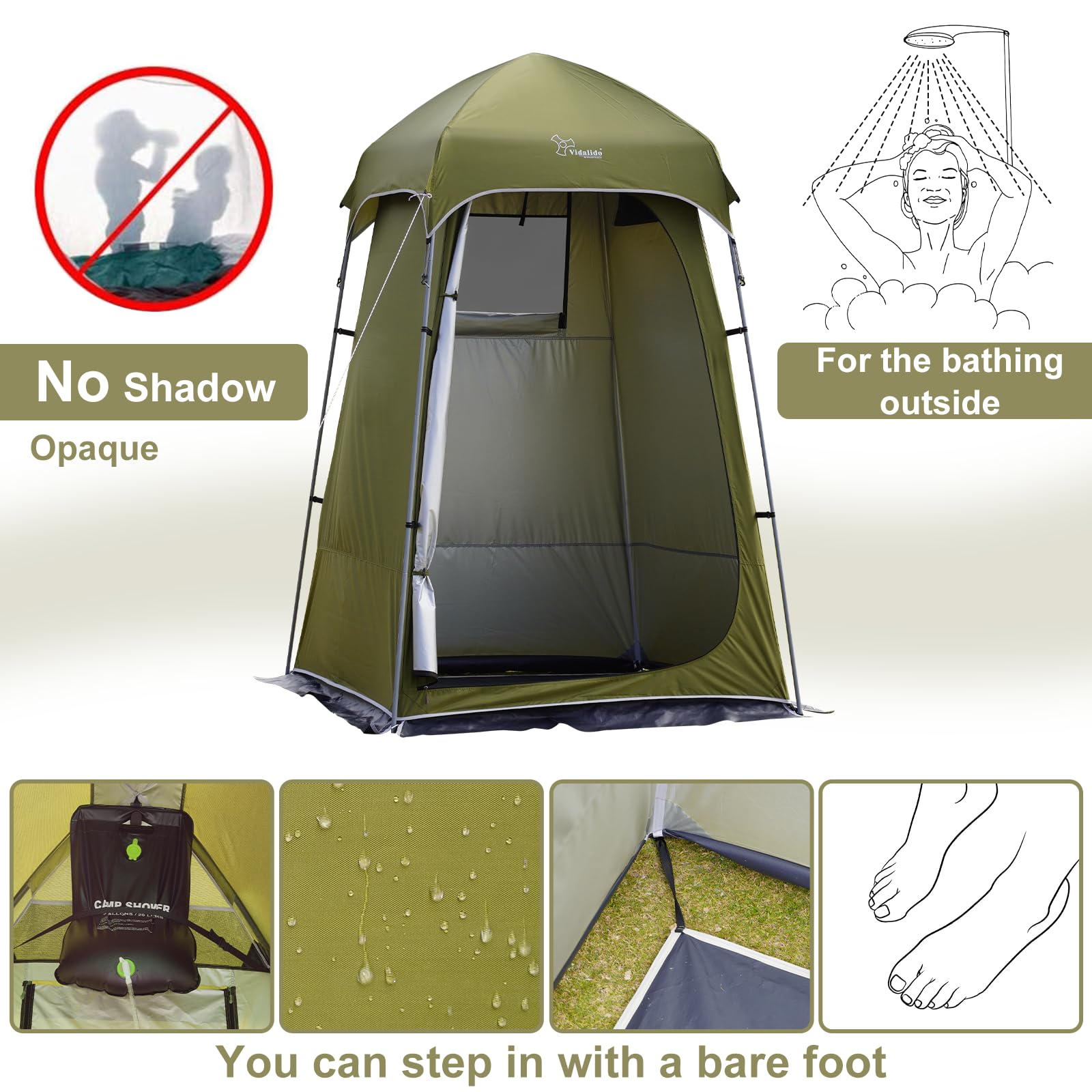 Vidalido Outdoor Camping Shower Tent Easy Setup Privacy Changing Room Portable Camp Shower Tents for Camping with Floor, Waterproof Privacy Shelters Toilet Tent (Army Green)