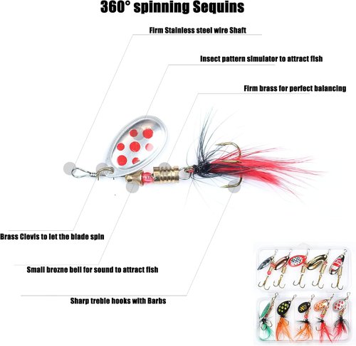 EXAURAFELIS 10/30pcs Fishing Lure Spinnerbait with Feathered Treble Hooks Rooster Tail Fishing Lures Spoon Lures for Bass Salmon Trout Spinner Baits with Tackle Box