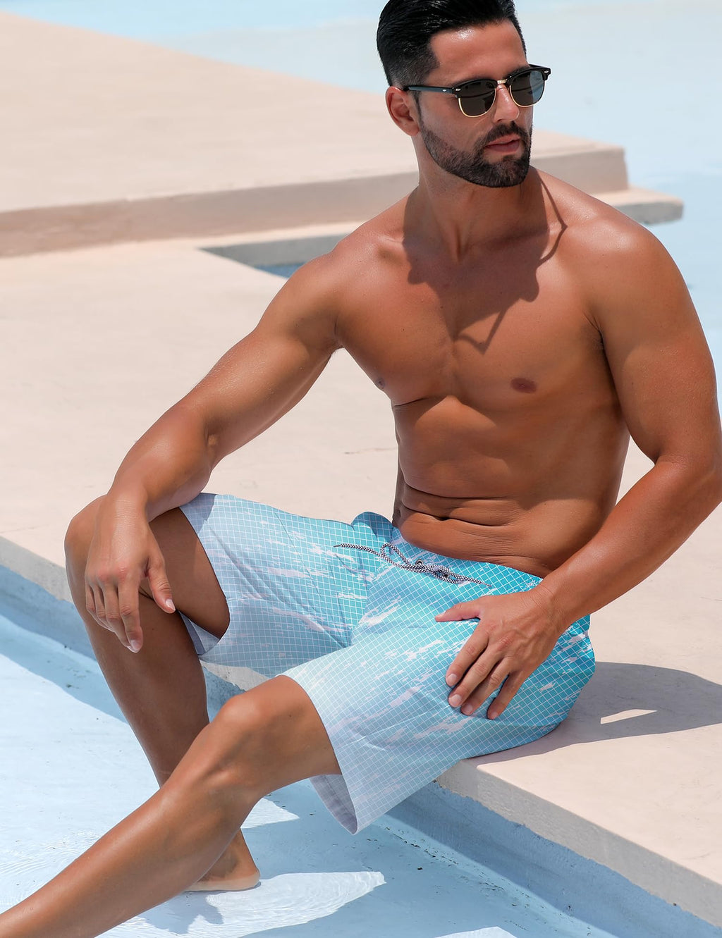 ELETOP Men's Swim Trunks Quick Dry Bathing Suit Swimming Board Shorts Mesh Lining Beach Swimwear Grid Gradient Blue 4XL