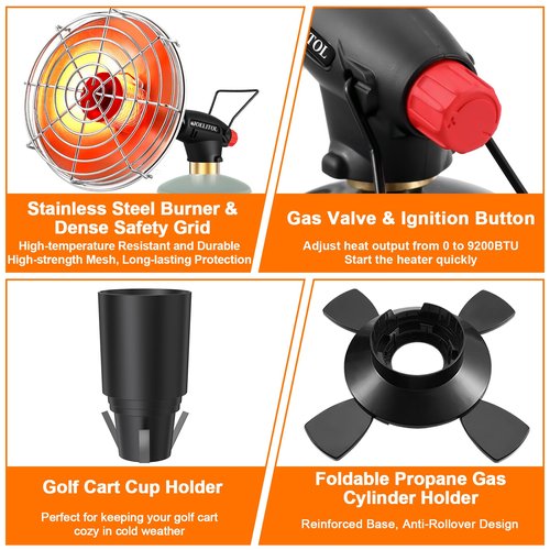 Golf Cart Heater 2 in 1 Portable Propane Heater with Self Ignition Golf Cart Cup Holder&Cylinder Base for EZGO Yamaha Club Car Most Golf Cart Tents (Fuel Cylinder not included）