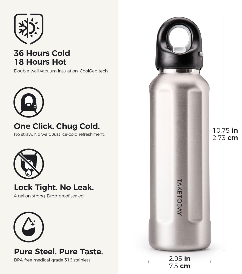TakeToday 20oz Insulated Water Bottle with One-Touch Chug Lid, Leakproof, Keeps Cold 36H, Stainless Steel Double-Wall Vacuum Thermos for Gym, Hiking & Outdoor, Silver