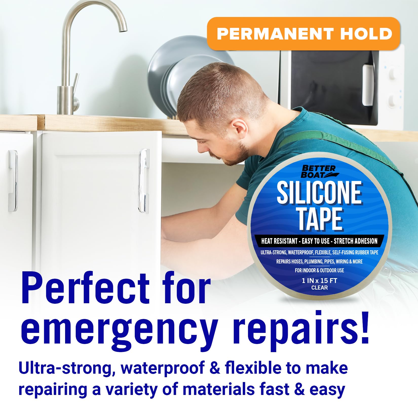 Better Boat Self Fusing Silicone Tape Waterproof Clear, Plumbing Tape for Leaks, Hose and Pipe Repair Tape, 1 in x 15 ft