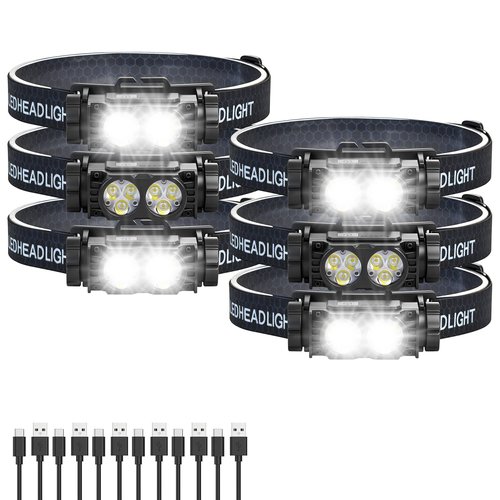Bud K 6pack Headlamp Rechargeable, 5000L Super Bright Light LED Rechargeable Headlight, 3 Modes, Detachable Flashlight & Waterproof Head Lamp for Adult, Running, Outdoor, Emergency, Hard Hat Light
