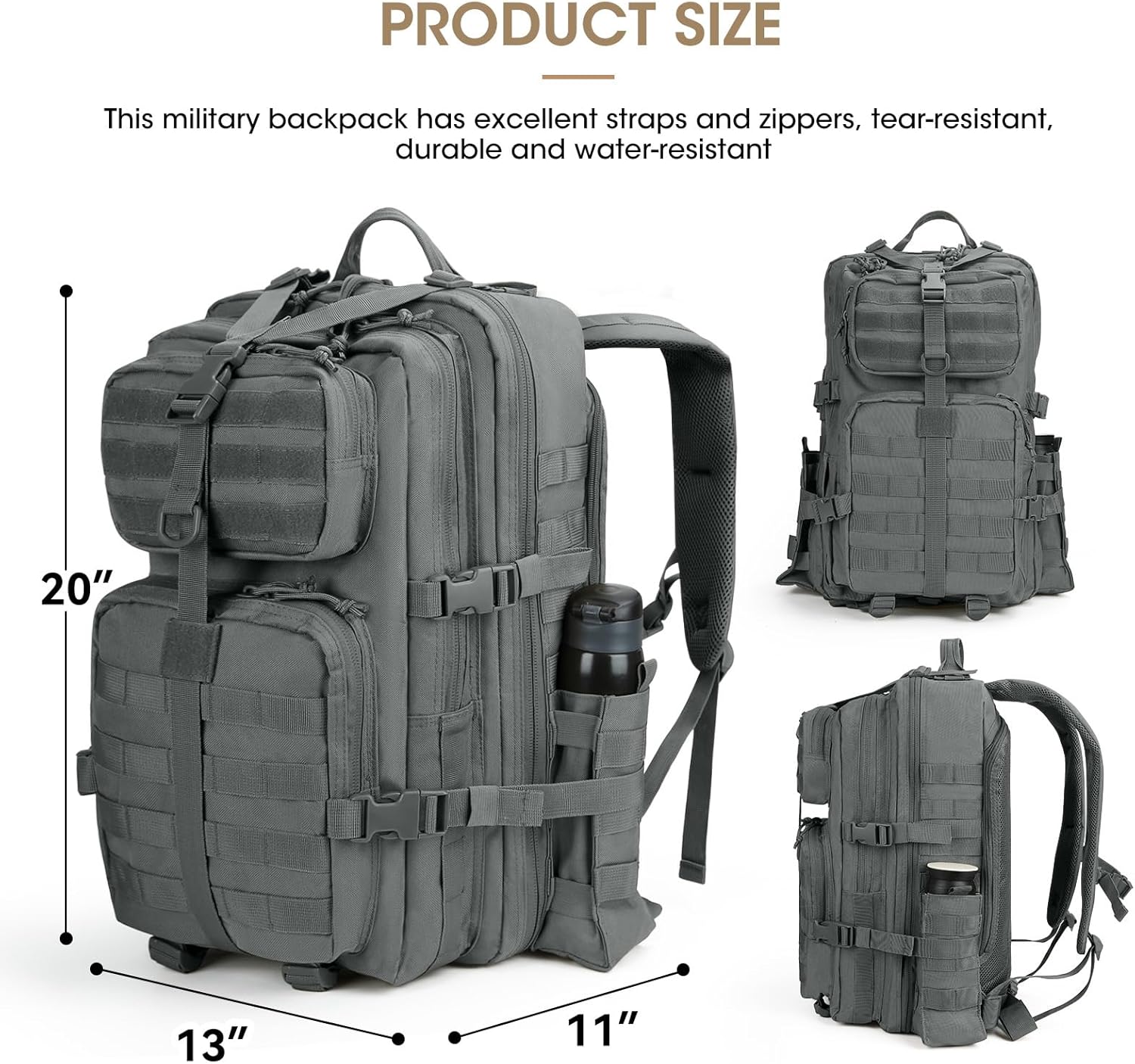 REEWBOW GEAR 40L Tactical Backpack - Heavy Duty Military Daypack for Men | Grey with Bottle Holder