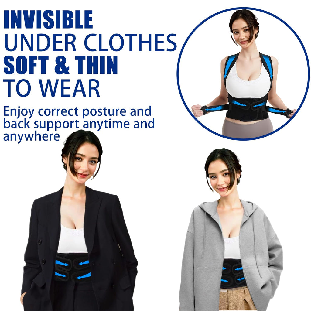 Skiennix Posture Corrector - Adjustable Back Brace for Pain Relief & Lumbar Support | Black, Large