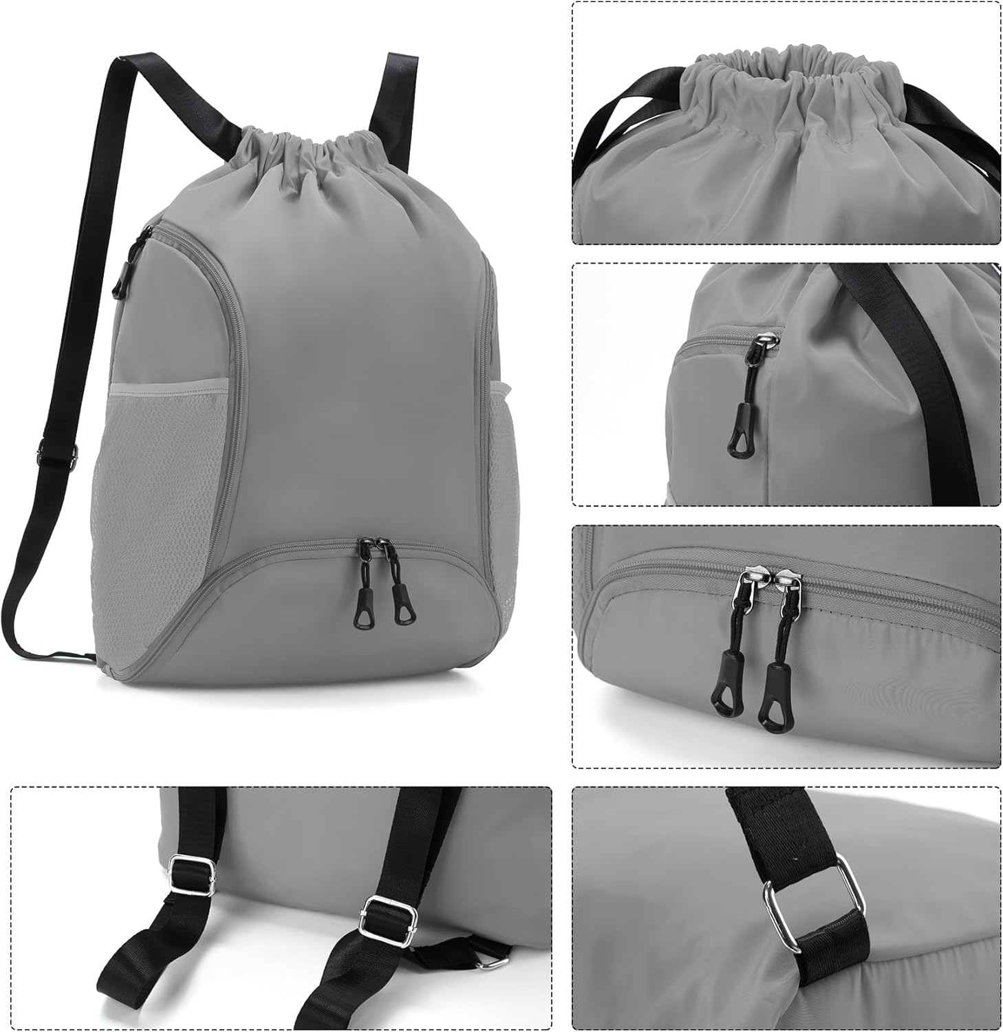 Valleycomfy Sports Gym Bag - Drawstring Backpack with Shoe Compartment & Two Water Bottle Holders | Grey