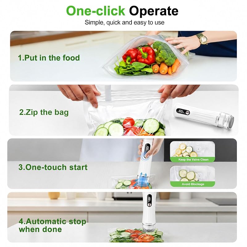 Vacuum Sealer for Food with LED Display, 80kPa Handheld Food Saver | 30 Bags (15S+15M) Variation