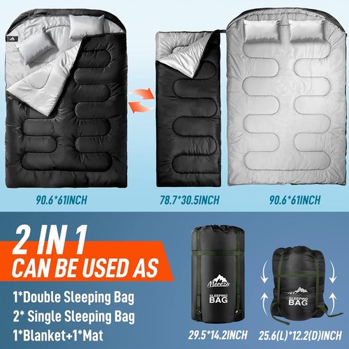 MEREZA Double Sleeping Bag - XL Queen Size for Adults | All-Season Comfort for Camping & Hiking