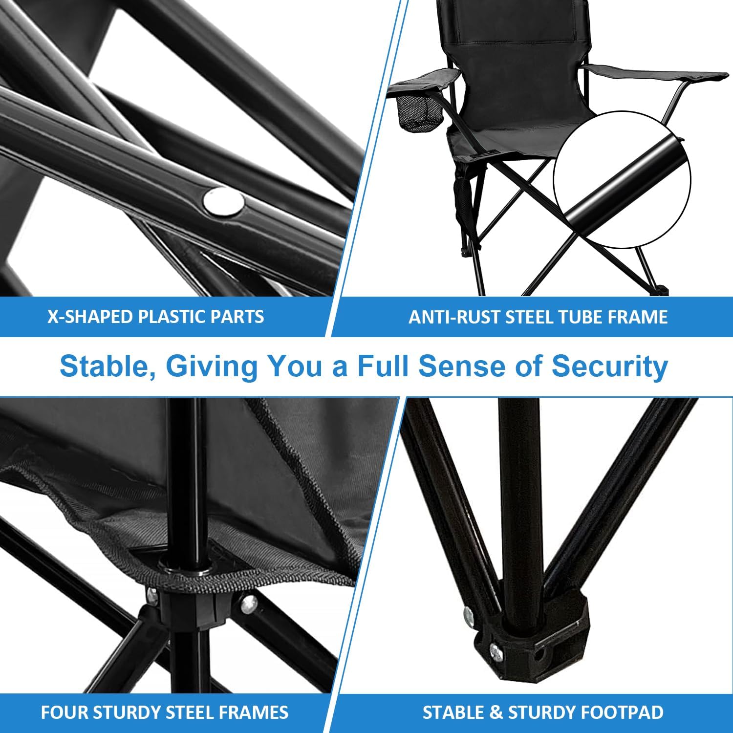 Skiennix Folding Camping Chair - Portable High Back Outdoor Chair with Cup Holder & Storage Bag | Supports 300lbs, Black